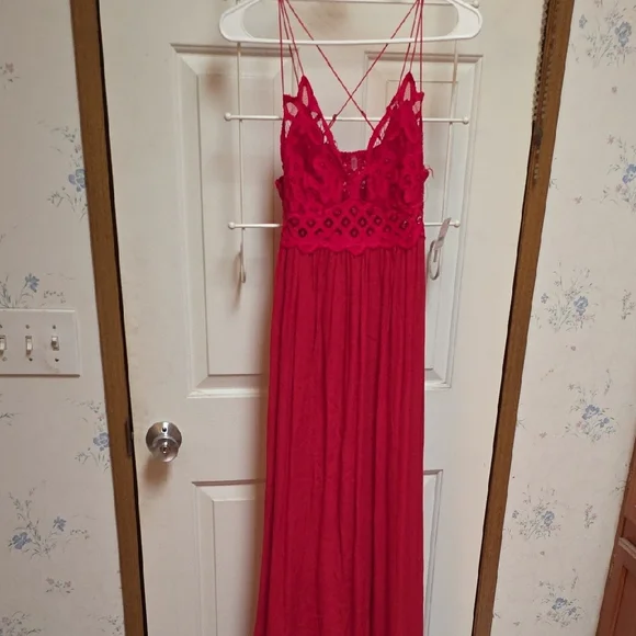 free people adella lace maxi dress Free People ADELLA MAXI SLIP DRESS Red Rose Lace Smocked Back